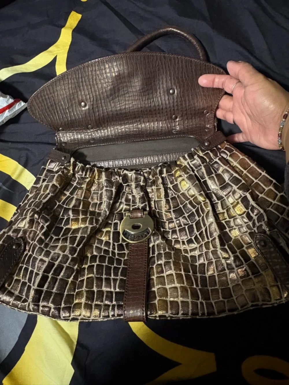 FendiBrown Croc-Embossed Magic Bag with Gold-Tone Turn Lock - Picture 8 of 14